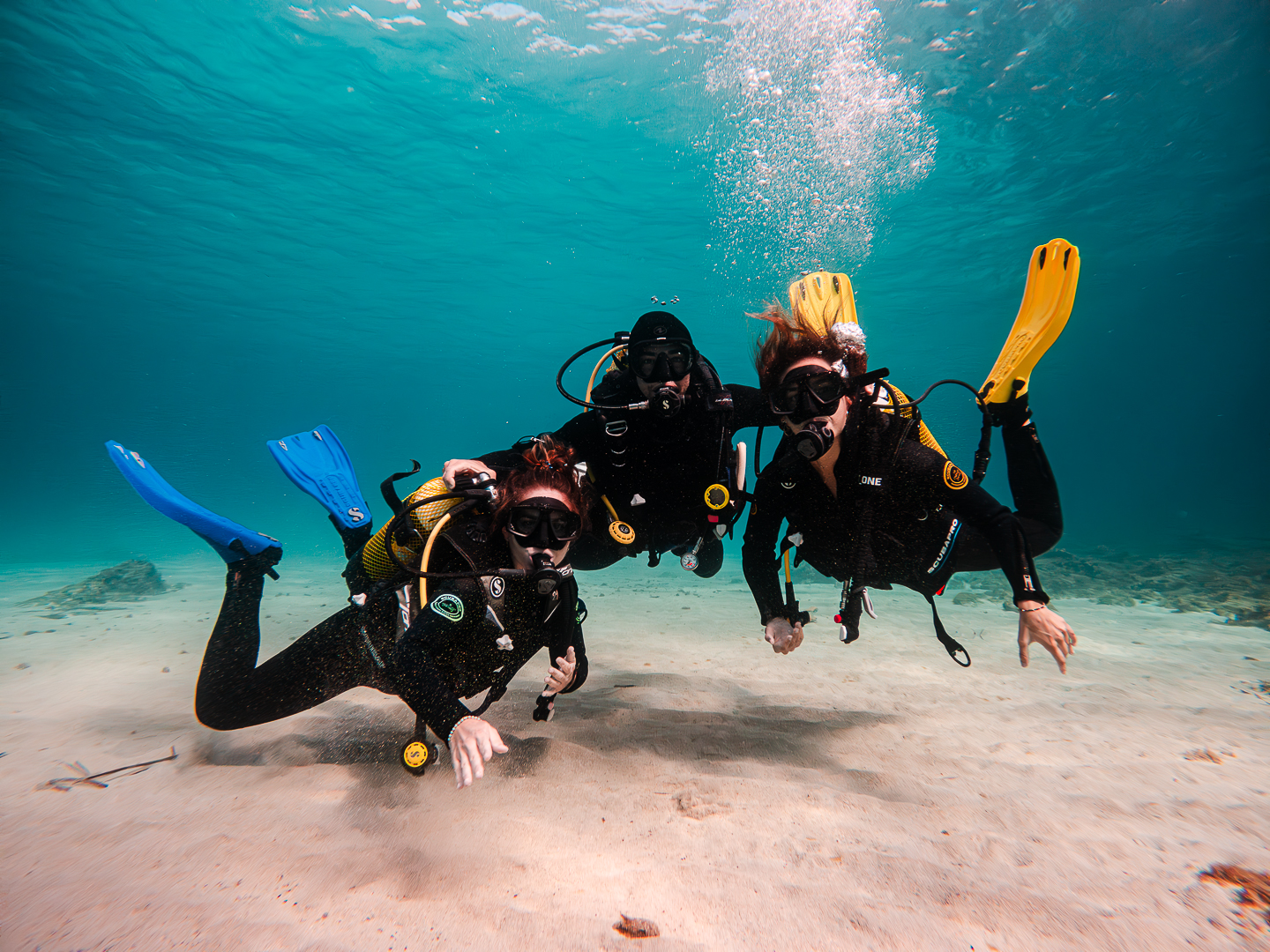 Beginner divers supervised together on a shallow sandy seabed